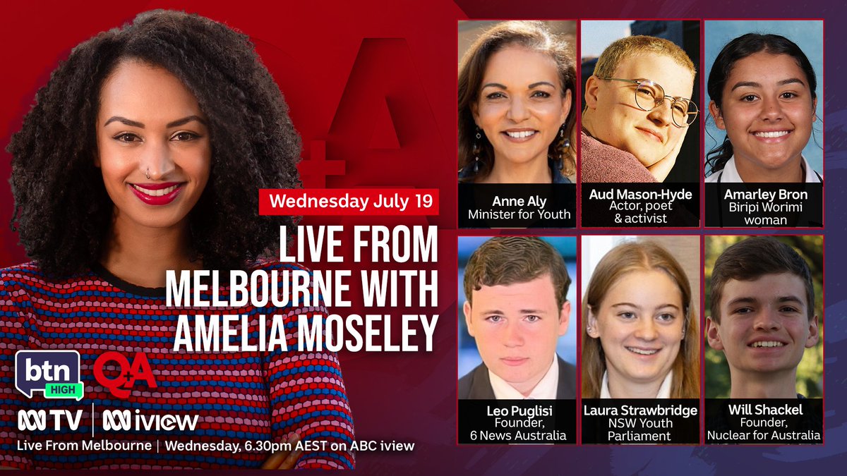The Q+A x BTN High Special is live in Melbourne tomorrow live exclusively on ABC iview and Q+A socials with Anne Aly, Aud Mason-Hyde, Amarley Bron, Leo Puglisi, Laura Strawbridge and Will Shackel. 

ab.co/QandAxBTNHighL…