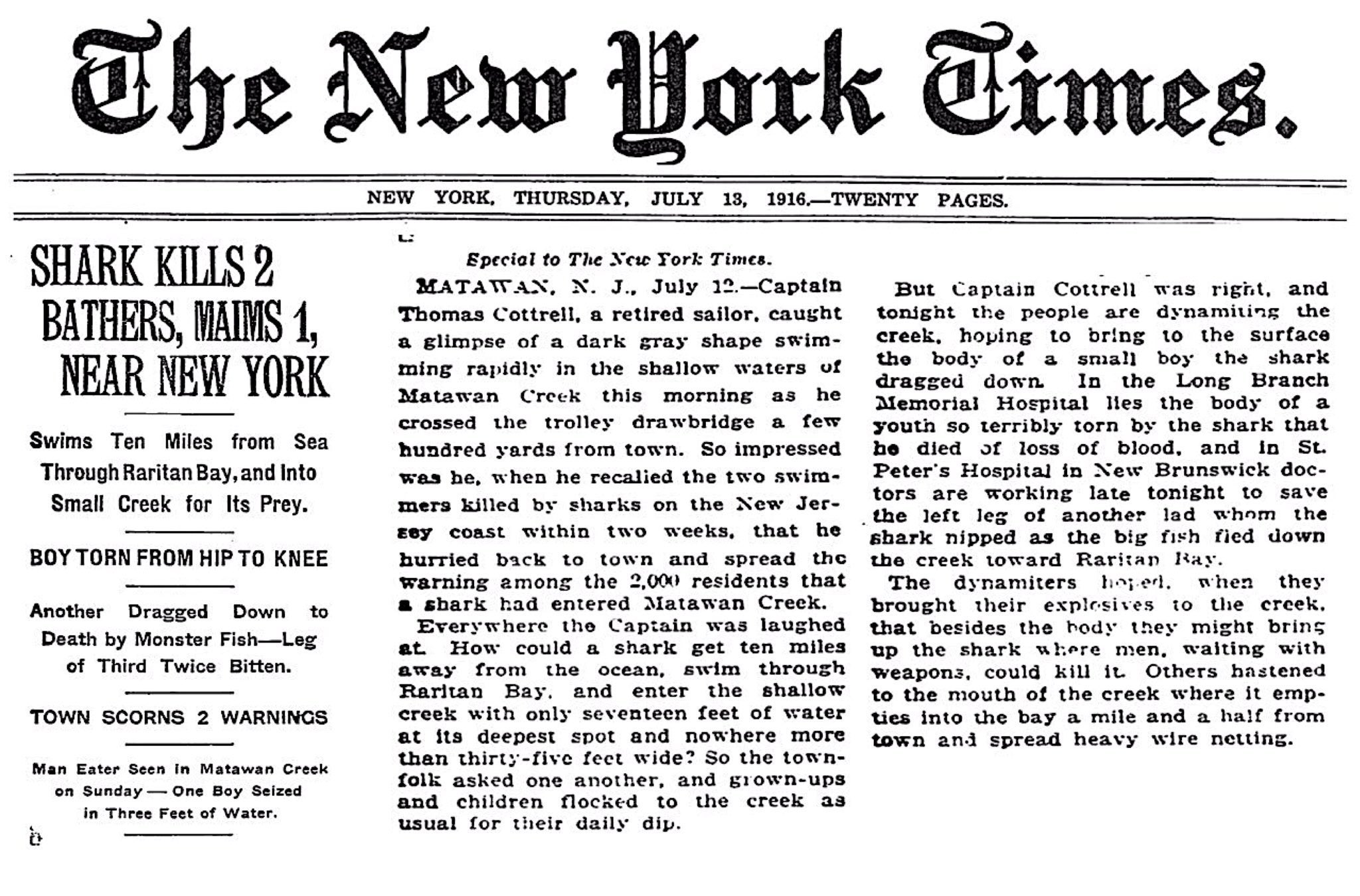 RetroNewsNow on Twitter "🦈On July 12, 1916, two swimmers were killed