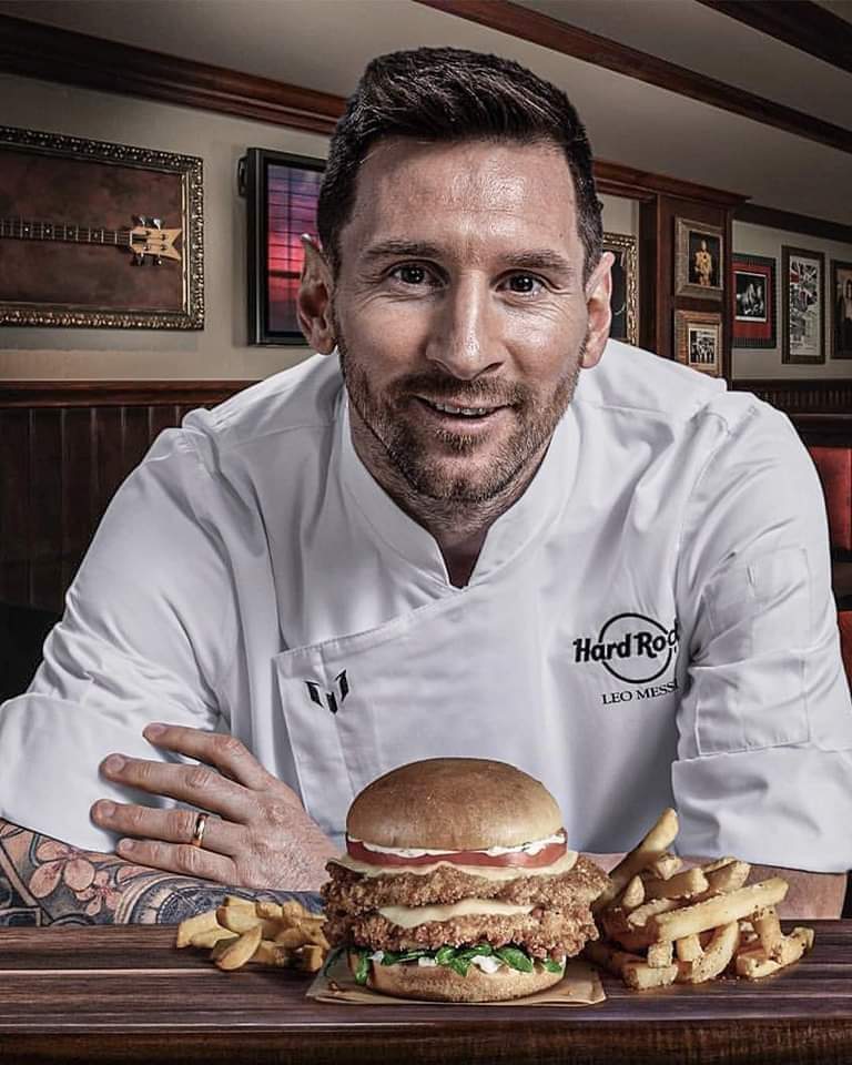 FootballWitball's tweet photo. Lionel Messi announces his 2nd signature Sandwich with Hard Rock cafe, inspired by his favourite food Milanese. 🥪

Wait! this get up and pose looks familiar! 🤔 রাফসান হক? https://t.co/PqOjZMORBX