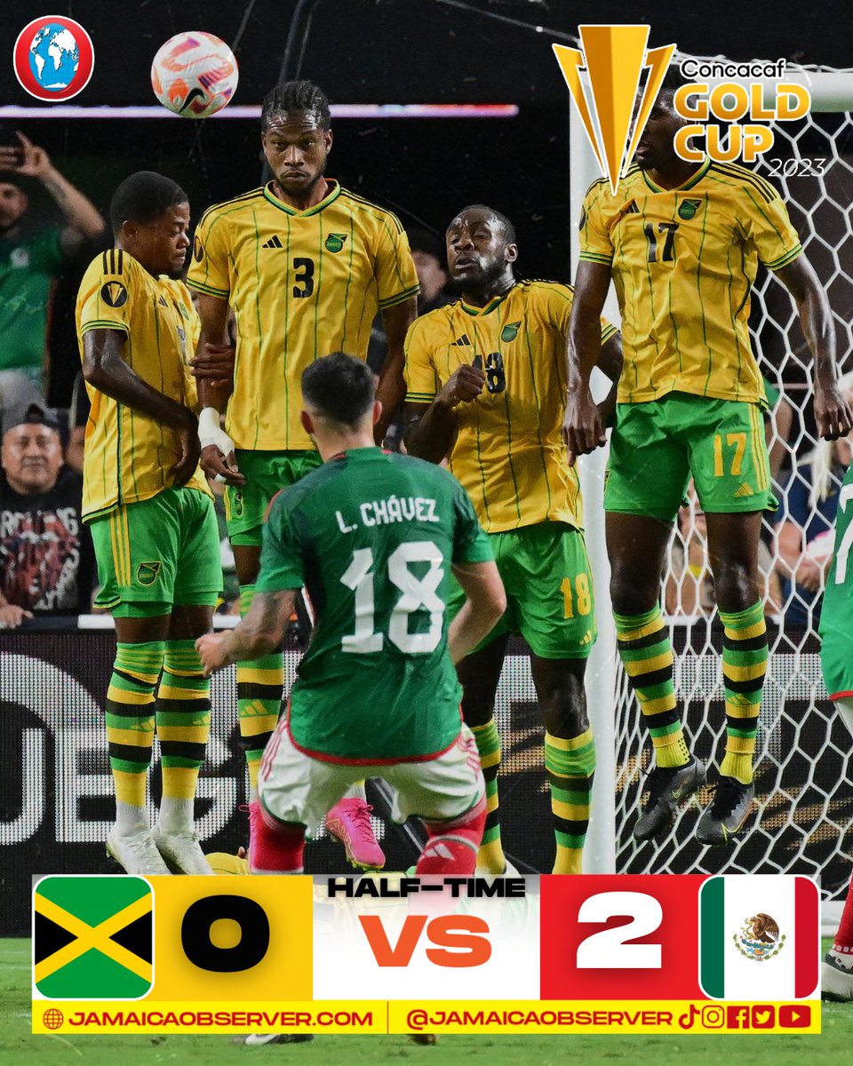 JamaicaObserver's tweet photo. It's all Mexico at the moment. An early goal in the second minute and a beauty in the 30th gives El Tri a 2-0 lead over the #ReggaeBoyz at the break.
Jamaica 🇯🇲 0-2 🇲🇽 Mexico
#ReggaeBoyz #GoldCup #GoldCup2023 #JAMMEX #TeamJamaica #OSports #Jamaica #Football https://t.co/Fh43BbAGjE