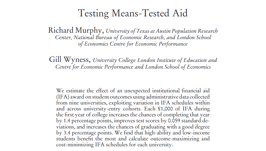 CEPEO_UCL's tweet photo. How do means tested undergraduate bursaries affect academic achievement and graduation rates?

Awesome new paper in Journal of Labor Economics by @RichMurphy_Econ and @gillwyness_econ 

This link gives the first 50 people a free copy...

https://t.co/zPkcAmSFC7 https://t.co/TDF6dFcOvp