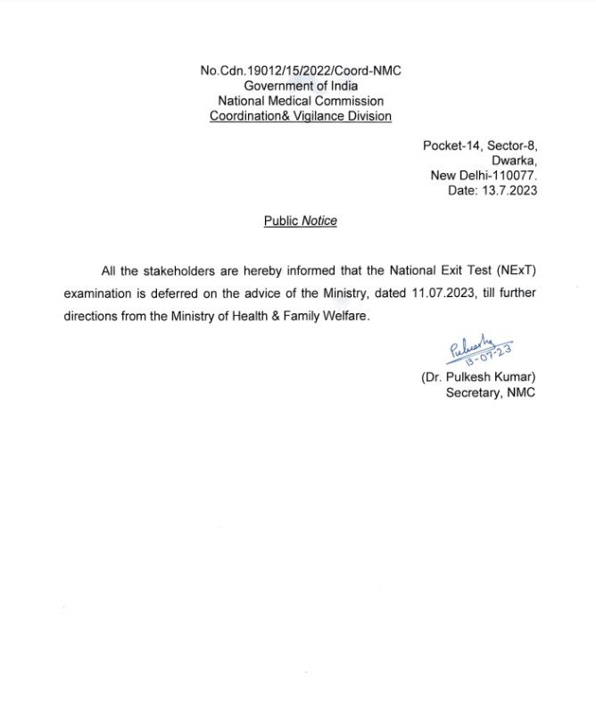 NEXT deferred till further order. 
I once again thank <a href="/PMOIndia/">PMO India</a> and <a href="/mansukhmandviya/">Dr Mansukh Mandaviya</a> Sir for this. 
IMGs are not ready for NEXT at the moment. 
I think we need to make a lot of changes in the proposed NEXT exam. 
All the best to students for NEET PG AND FINAL MBBS.