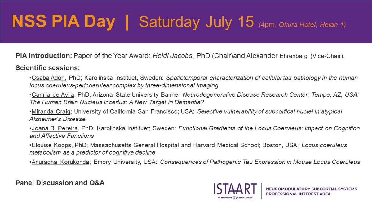 ❓ Did you know that AD-tau accumulates first in subcortical nuclei? 🧠 Check out the latest findings of clinical, diagnostic and therapeutics consequences of early tau changes in AD @NSS_PIA at PIA day at 4 pm! 👇👇👇 #AAIC23 @ISTAART @HeidiJacobsLab @ajehrenberg @grinberg_t