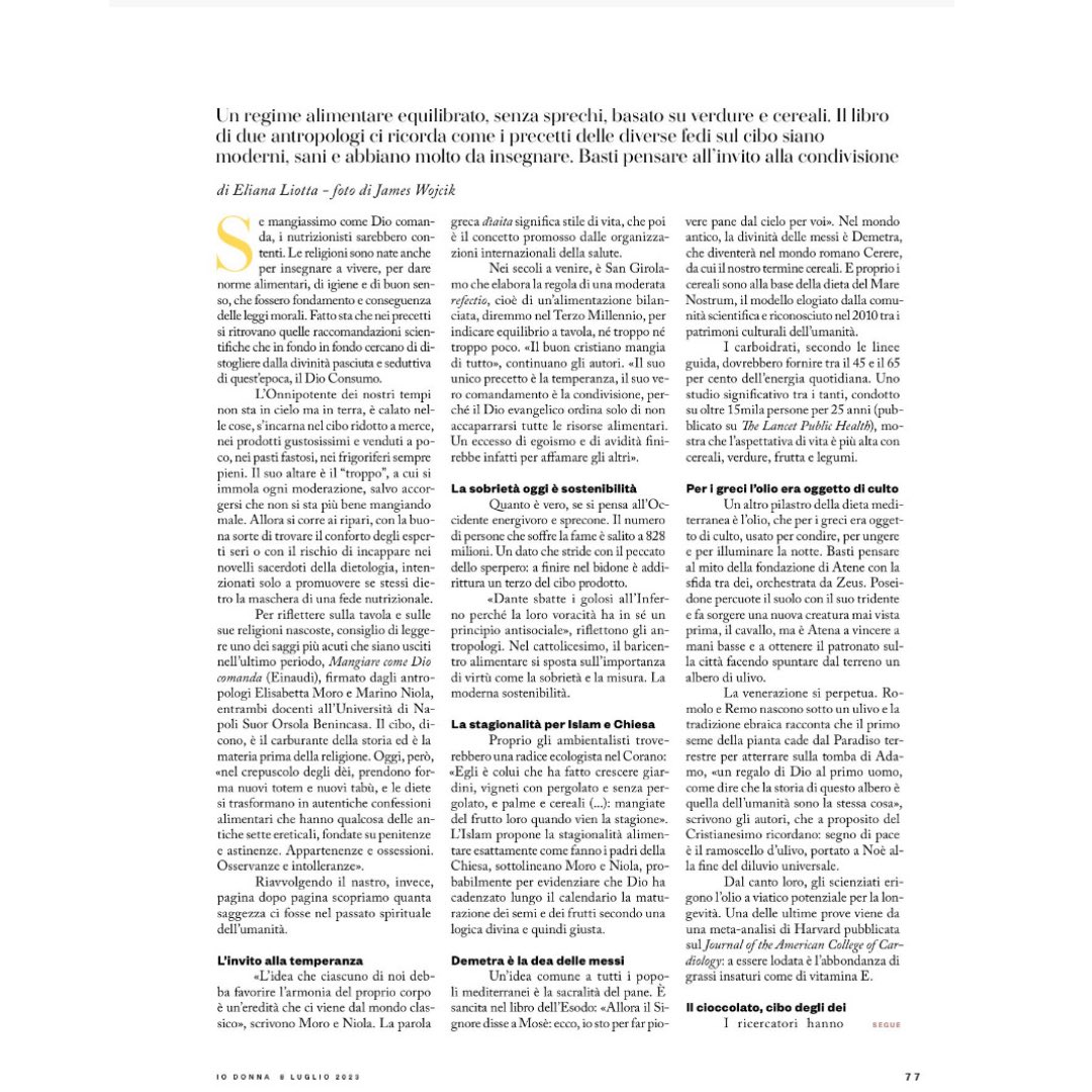 elianaliotta's tweet photo. Se mangiassimo come Dio comanda, i nutrizionisti sarebbero contenti.
L’intreccio tra cibo, scienza e religioni su @IOdonna @Corriere a partire dal nuovo saggio @Einaudieditore degli antropologi Elisabetta Moro e @MarinoNiola #mangiarecomediocomanda https://t.co/t9c3uXPGy1