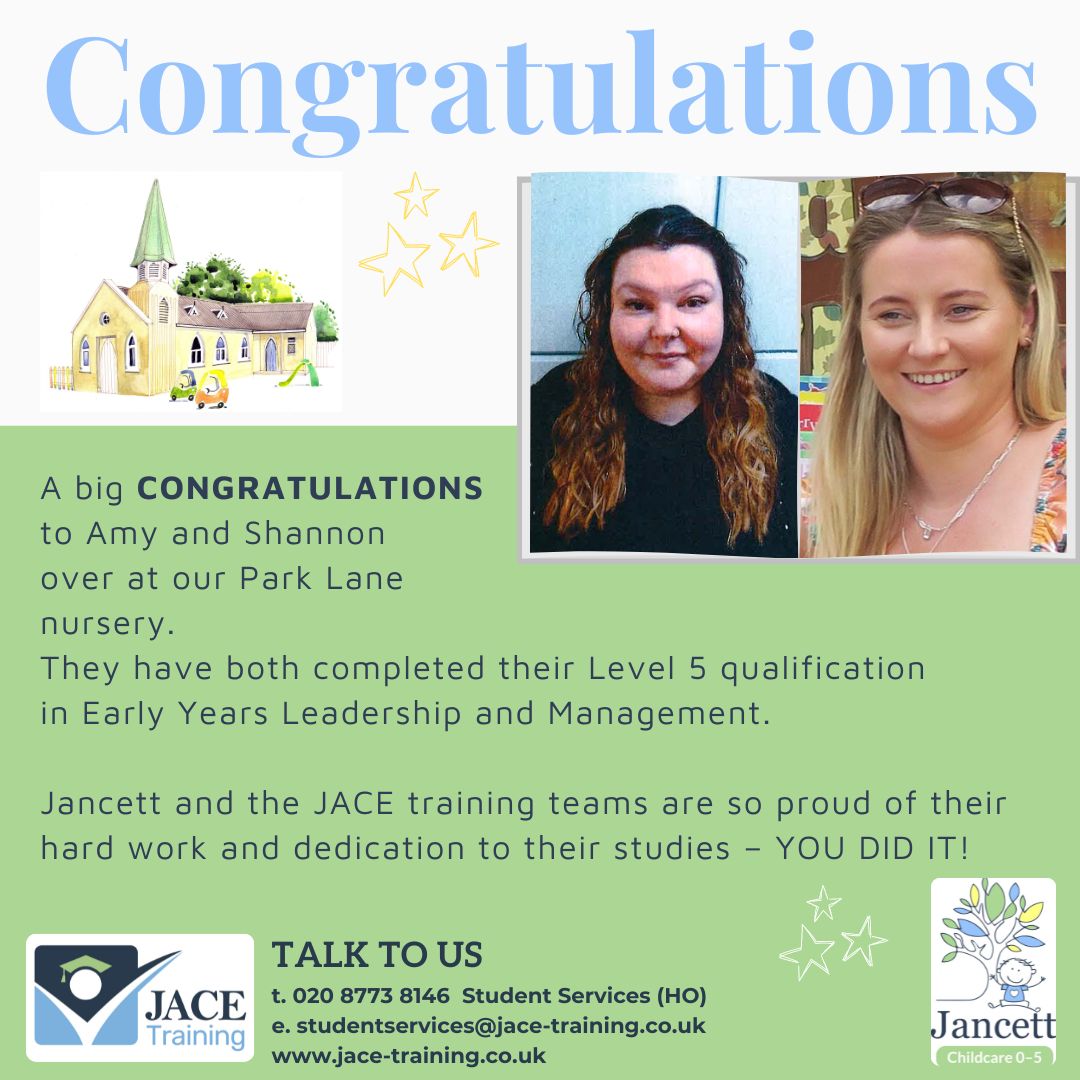 Huge Congratulations to Amy and Shannon at our Jancett Park Lane nursery on achieving their Level 5 qualifications. Lots of hard work and dedication - well done! #earlyyearseducator #childcare #nursery #achievement #jacetraining #workinginchildcare #careerdevelopment
