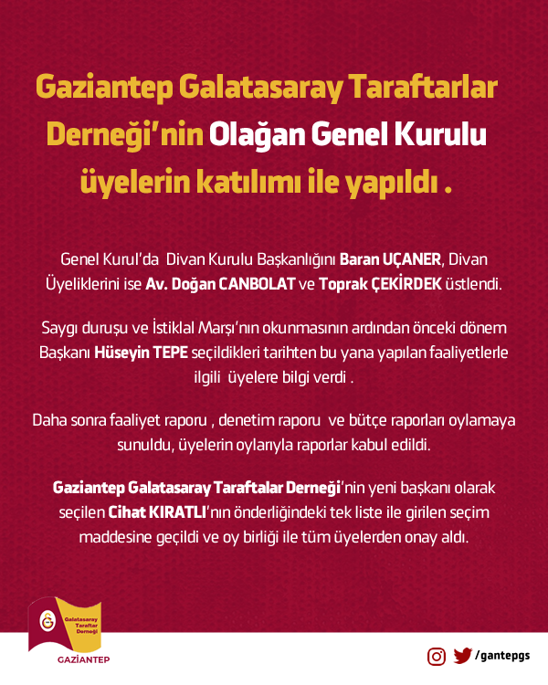gantepGS's tweet photo. Gaziantep Galatasaray Taraftarlar Derneği’nin Olağan Genel Kurulu  üyelerin katılımı ile yapıldı . https://t.co/V7PfQUDnml