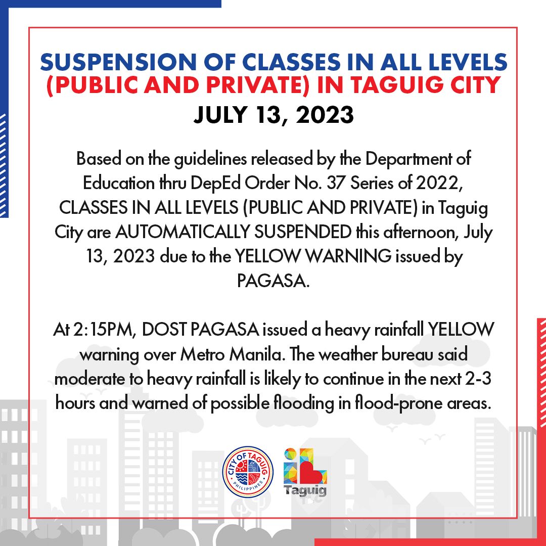 EnderunAcads's tweet photo. Following government guidance, classes are suspended as of 4:00 pm today, July 13, 2023. Stay safe everyone! https://t.co/C1ZNH4moYA