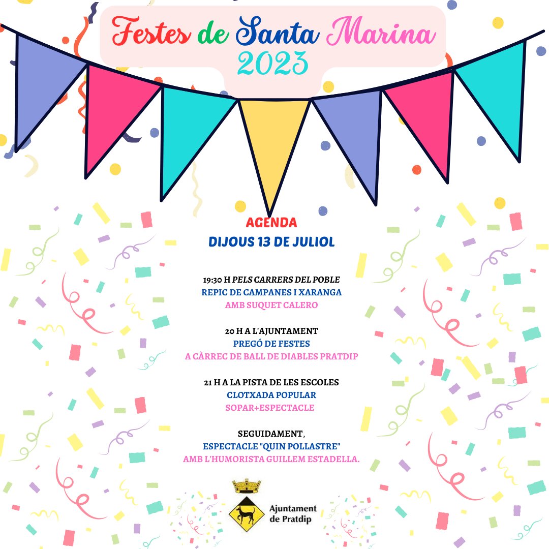 PratdipTurisme's tweet photo. 🎉 Alegria, que és Festa Major!
Aquesta tarda inici de la festa amb el repic de campanes, la xaranga i el pregó de festes. Al vespre segueix la festa amb la clotxada popular i espectacle.
T'ho perdràs? 🎊
#Festa Major
#Festes https://t.co/tGZJIwWaew