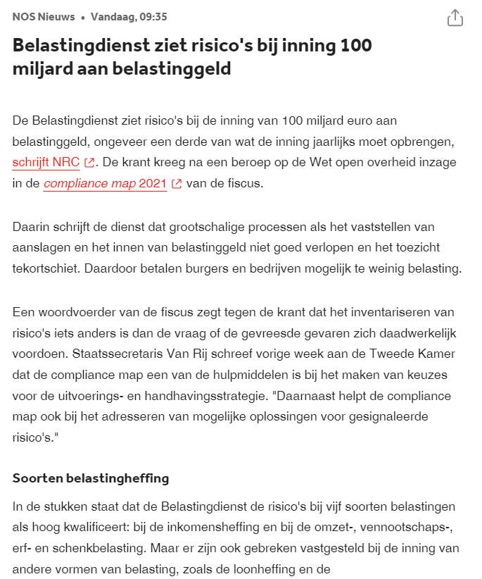 Ad_minamsterdam's tweet photo. The #Dutch tax authorities see risks in collecting € 100 billion in #taxmoney. This as result of:
1. political unwillingness / inaptitude
2. a lack of - qualified - staff
3. outdated software applications 
4. complicated tax laws
5. a failed reorganization #Belastingdienst #NRC https://t.co/QVQJ2zJAW5
