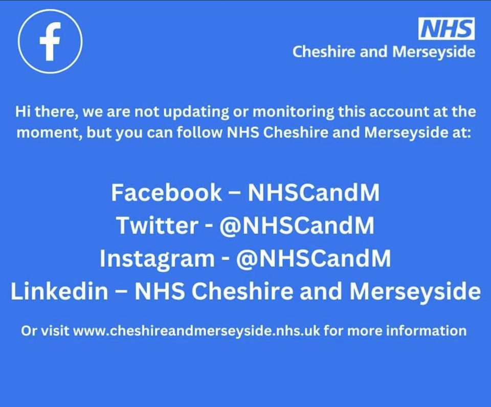 Cheshire West Health and Care Partnership (@cheshirewesthcp) on Twitter photo We’re not updating or monitoring this account at the moment, but you can follow NHS Cheshire and Merseyside at: Facebook – NHSCandM Twitter -
<a href="/NHSCandM/">NHS Cheshire and Merseyside</a>
Instagram -
<a href="/NHSCandM/">NHS Cheshire and Merseyside</a>
Linkedin – NHS Cheshire and Merseyside Or visit cheshireandmerseyside.nhs.uk for more information We’re not updating or monitoring this account at the moment, but you can follow NHS Cheshire and Merseyside at: Facebook – NHSCandM Twitter -
<a href="/NHSCandM/">NHS Cheshire and Merseyside</a>
Instagram -
<a href="/NHSCandM/">NHS Cheshire and Merseyside</a>
Linkedin – NHS Cheshire and Merseyside Or visit cheshireandmerseyside.nhs.uk for more information