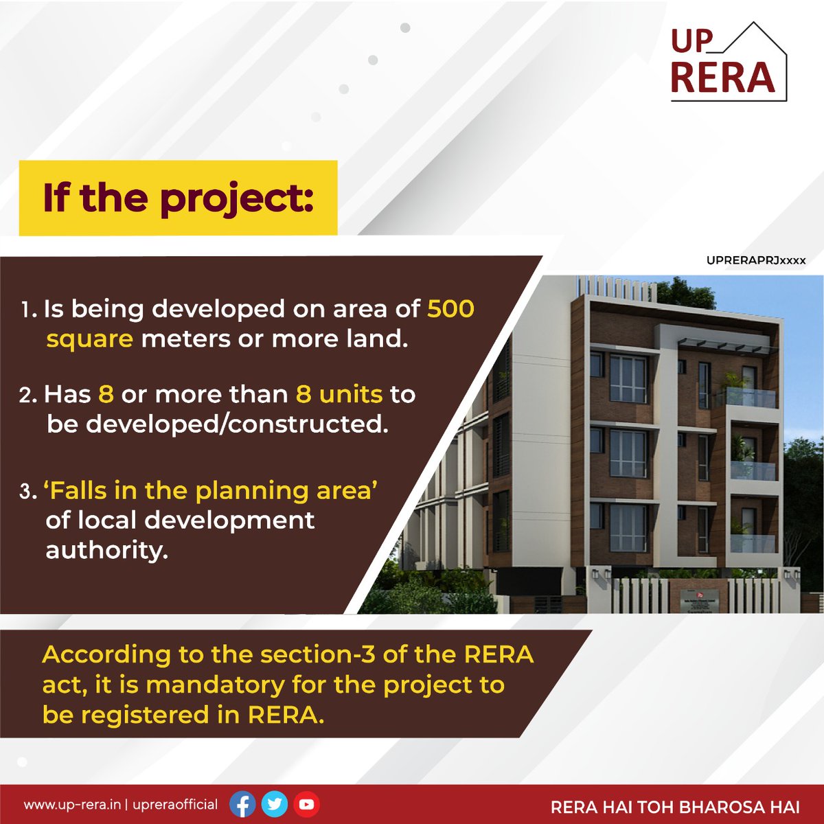 UPRERAofficial's tweet photo. रेरा अधिनियम की धारा-3 के अन्तर्गत यदि किसी परियोजना का क्षेत्रफल 500 वर्ग मीटर है या उसमें 8 या उससे ज्यादा इकाई का निर्माण होना है और वह प्लानिंग एरिया की सीमा में आती है तो परियोजना का रेरा में पंजीयन अनिवार्य है।
#UPRERA #Section3 #ProjectRegistration https://t.co/GmPhHpdYmu