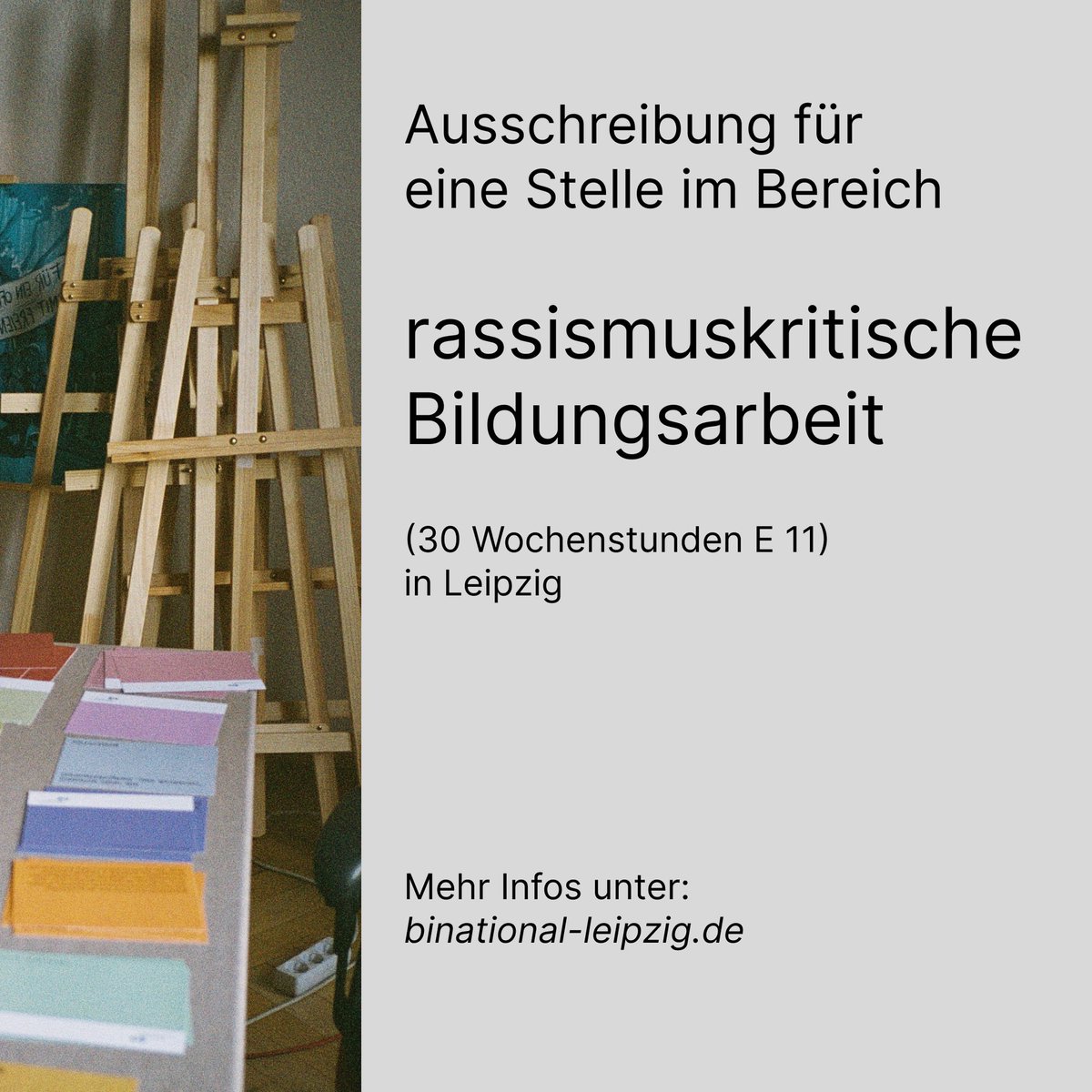 Dieser freie Platz bietet: einen attraktiven, sinnstiftenden Job im Bereich rassismuskritische Bildungsarbeit im Herzen Leipzigs. 

Bewirb dich bei uns!

binational-leipzig.de/ausschreibung-…