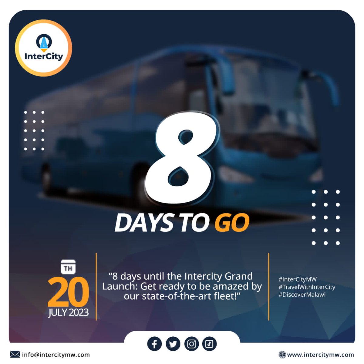 AlipoAndrewsII's tweet photo. 8 days until the InterCity Grand Launch
Lilongwe📍
#RideWithUs #BusTravel #OnTheRoad #ExploreByBus #TravelEasy #BusAdventures #RoadTrippin #BusLife #DiscoverByBus #GoGreen #ComfortTravel #BusJourney #DestinationBound
#BusExperience #Cityline https://t.co/fr8WnJUQ3x