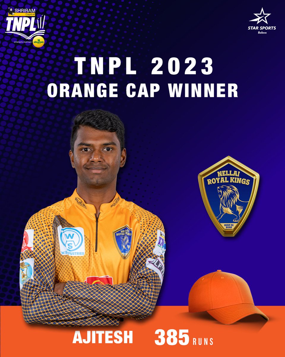 StarSportsIndia's tweet image. A breakout season for #Ajitesh 🔥
@shahrukh_35 proves his mettle as an all-rounder 🙌

The #TNPL2023 Orange and Purple Cap winners entertained us and HOW 🤩🔥

#TNPLOnStarSports #Cricket