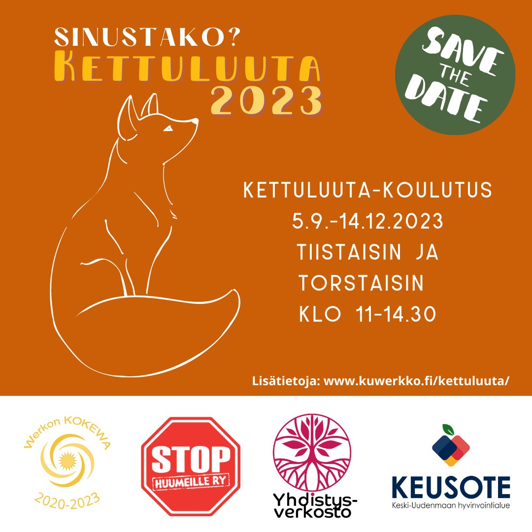 Sinustako Keski-Uudenmaan ensimmäinen vertaispalveluohjaaja? 

Lue lisää: keusote.fi/sinustako-kesk…

#keskiuusimaa #järvenpää #kettuluuta #kettuluuta2023 #vertaispalveluohjaaja #kokewahanke #stophuumeille #fattaluuta #keusote #yhdistysverkosto