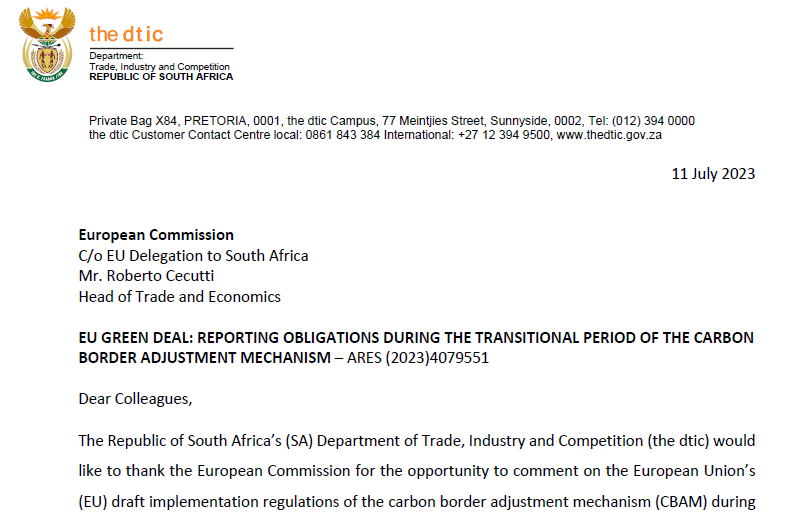 Gaylor_MC's tweet photo. The global pushback, esp. from the Global South, against the EU's Carbon Border Adjustment Mechanism (CBAM), which will impose a carbon price on goods imported into the EU, is growing. 
Check out the input from SA's @the_dtic as an example. 
https://t.co/XFhJEIhW64 https://t.co/2q9RD32LqC