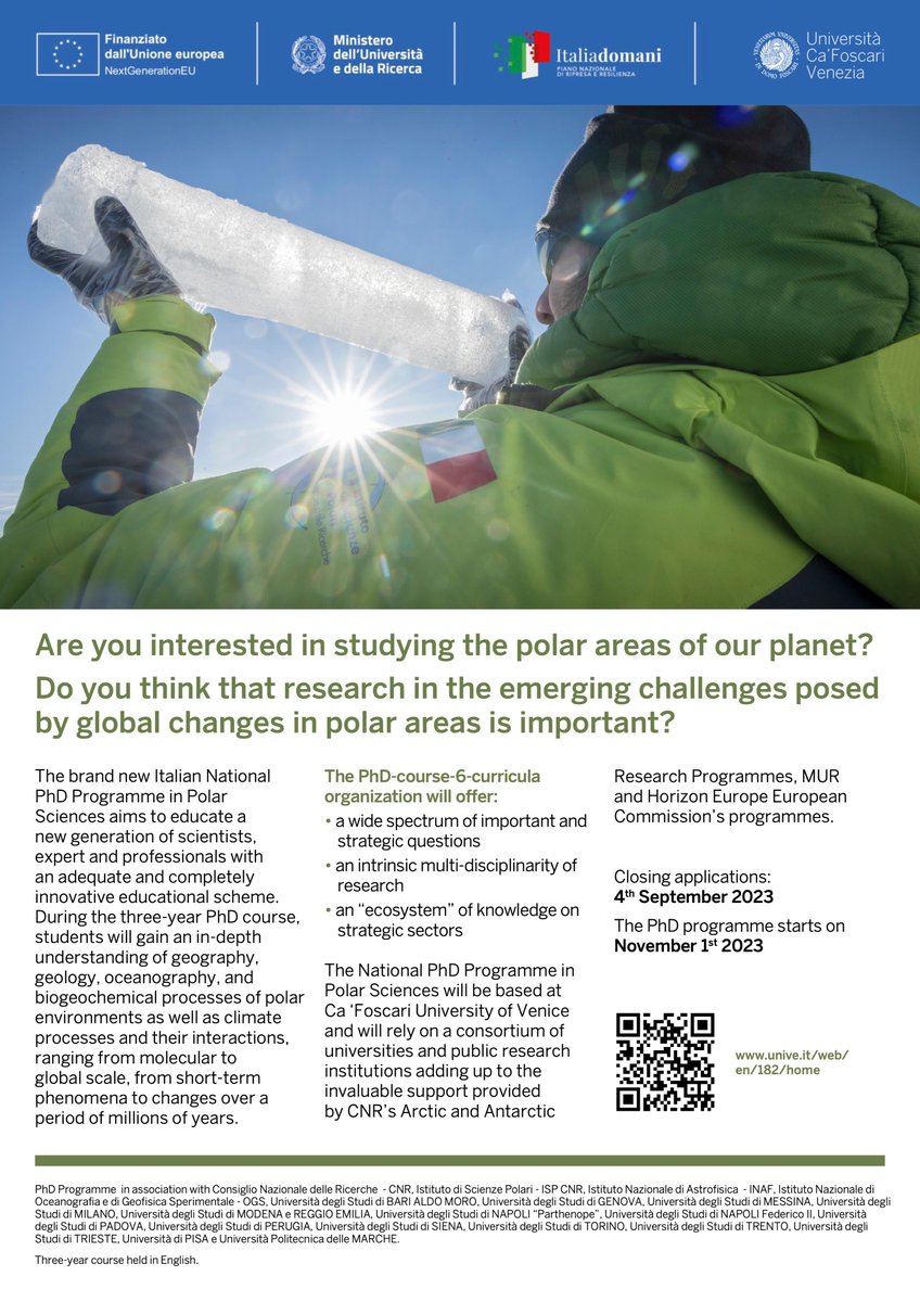 Alessio Rovere (@alessio_r_) on Twitter photo In Italy, we are jumpstarting a National PhD School in Polar Sciences. We have several scholarships available in several fields. See the website and the brochure here, and feel free to catch up with me at #INQUARoma2023 for infos.
<a href="/CaFoscari/">Unive Ca' Foscari</a>
unive.it/web/en/182/home In Italy, we are jumpstarting a National PhD School in Polar Sciences. We have several scholarships available in several fields. See the website and the brochure here, and feel free to catch up with me at #INQUARoma2023 for infos.
<a href="/CaFoscari/">Unive Ca' Foscari</a>
unive.it/web/en/182/home