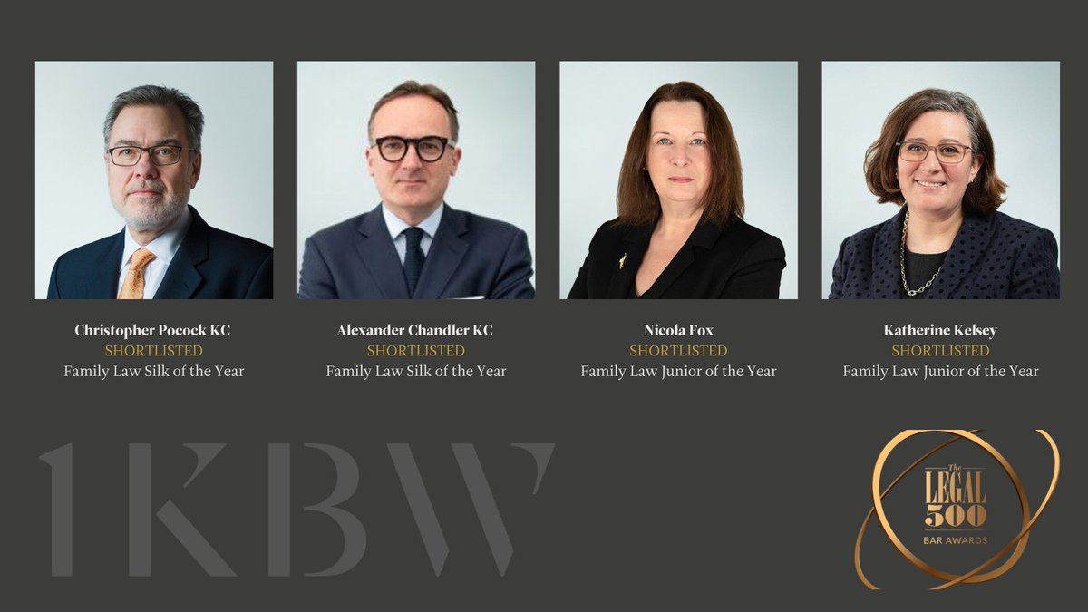 We are delighted to announce that <a href="/1kbwChambers/">1KBW Chambers</a> has been shortlisted for Family law set of the year along with 4 individual nominations at the 2023 Legal 500 awards. <a href="/ChrisPocockQC/">Chris Pocock KC</a> <a href="/familybrief/">Alexander Chandler KC</a> <a href="/nicolafox66/">Nicola Fox</a>