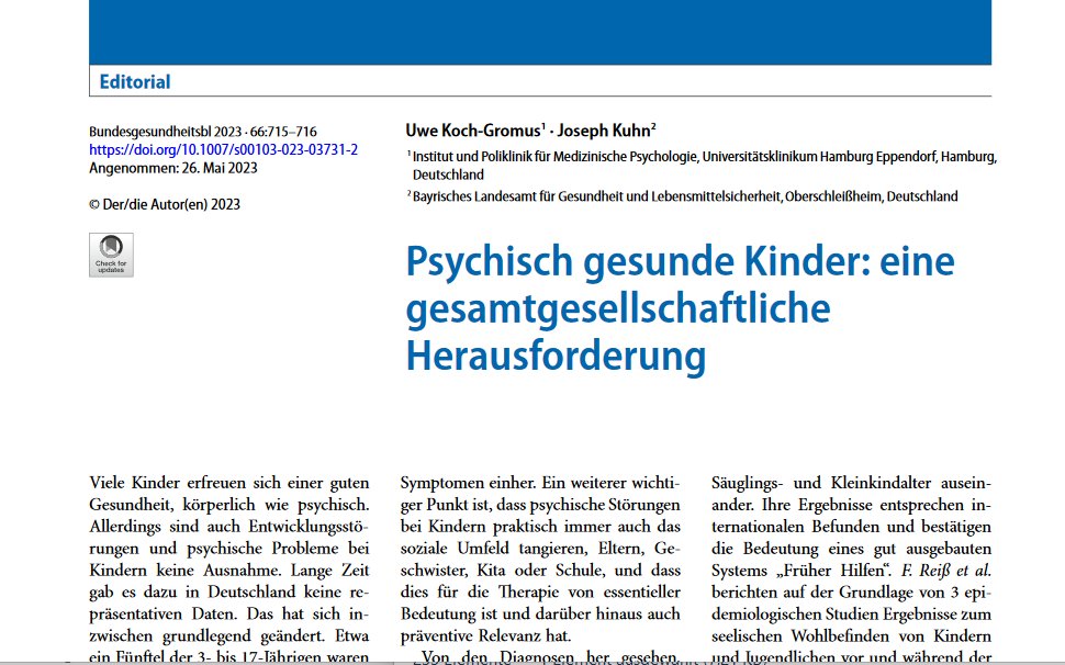 Wichtiges Themenheft zur psychischen Gesundheit von Kindern und Jugendlichen in D im Bundesgesundheitsblatt von Uwe Koch und Joseph Kuhn, alle Artikel open access; link.springer.com/journal/103/vo… #Kinder #Jugendliche #mentalhealth