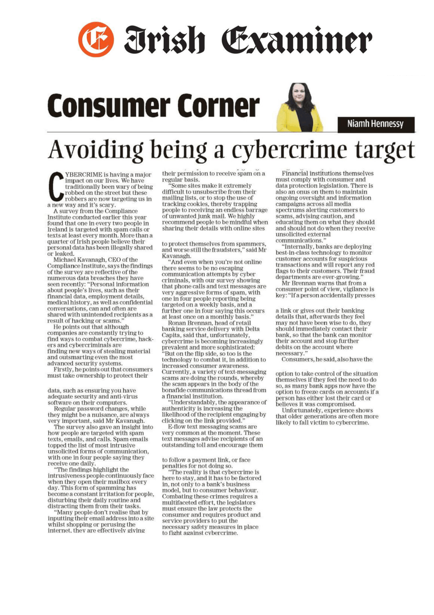 ComplianceInst's tweet photo. Compliance Institute's survey in the Irish Examiner revealed that one in every two people in Ireland is targeted with spam calls or texts, and over a quarter believe their personal data has been illegally shared. https://t.co/4Obz4Dthv9