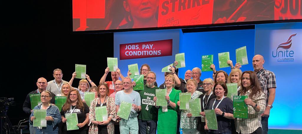A show of solidarity from <a href="/UniteunionROI/">UNITE union Ireland</a> delegates at #UnitePolicyConference23 with General Secretary <a href="/UniteSharon/">Sharon Graham</a> 💪

If you attack a Unite member then we will bring the entire weight of our resources down on you. 

There is no hiding place for union busters!