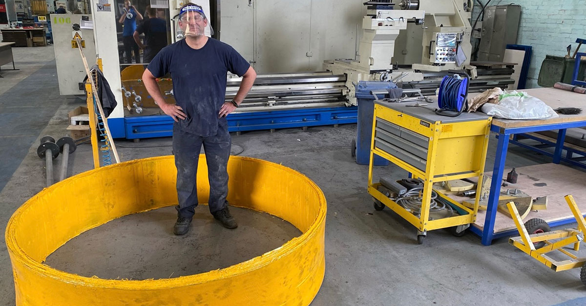 Tufcot's tweet photo. Tufcot created a specifically designed manufacturing machine for all our large tubes. Dave is manufacturing a large tube in the Tufcot® T100P grade in yellow. This is a large tube; however it’s nothing compared to our maximum diameter which is a staggering 3 metres!

#composites https://t.co/1EXvBEHAy3