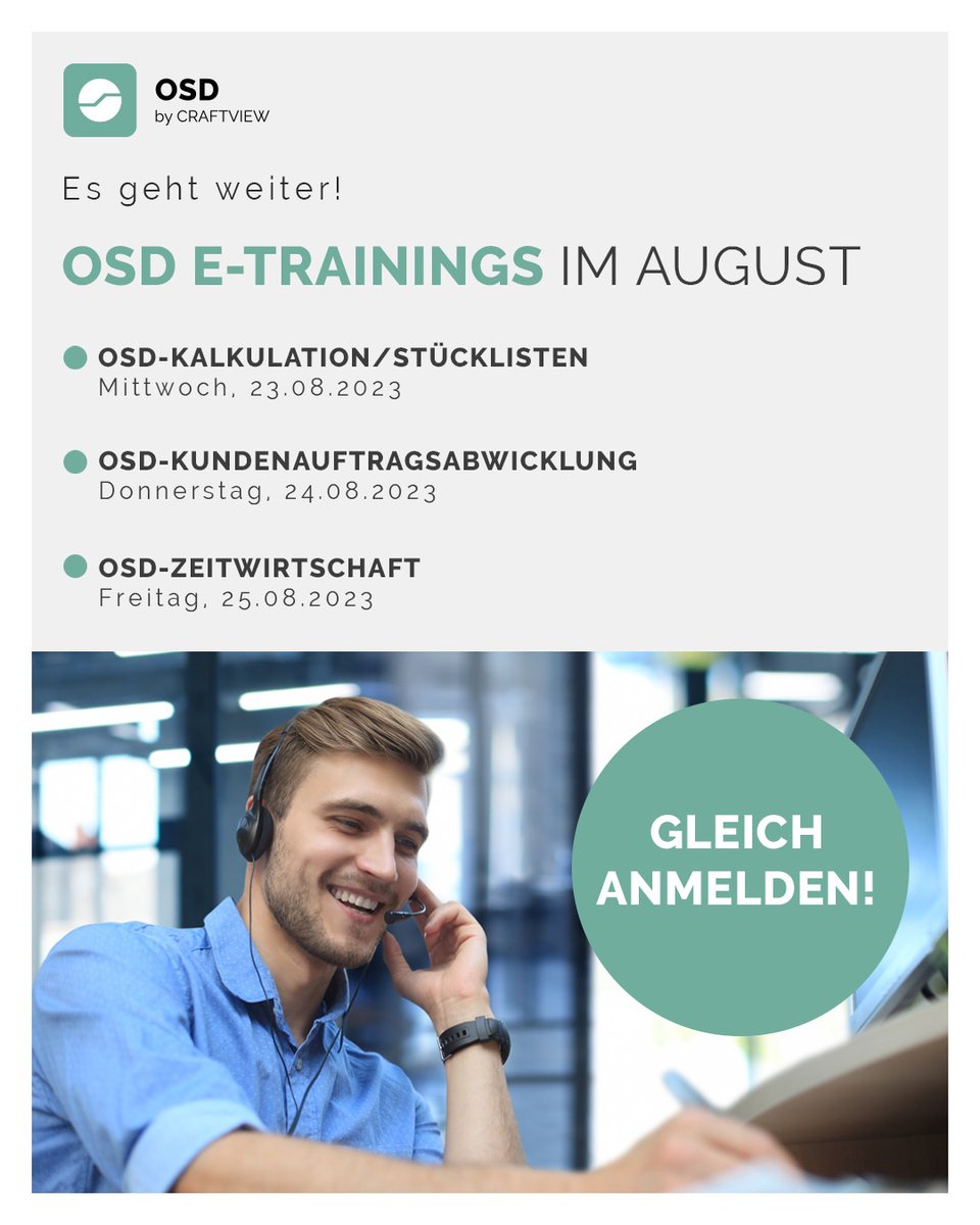 osd_software's tweet photo. Unsere E-Trainings sind zurück! 

📌 23.08.2023: OSD-Kalkulation/Stücklisten 
📌 24.08.2023: OSD-Kundenauftragsabwicklung 
📌 25.08.2023: OSD-Zeitwirtschaft 

Gleich anmelden ➡ https://t.co/9Lj0TB3AYn https://t.co/n3t7BZoPLI