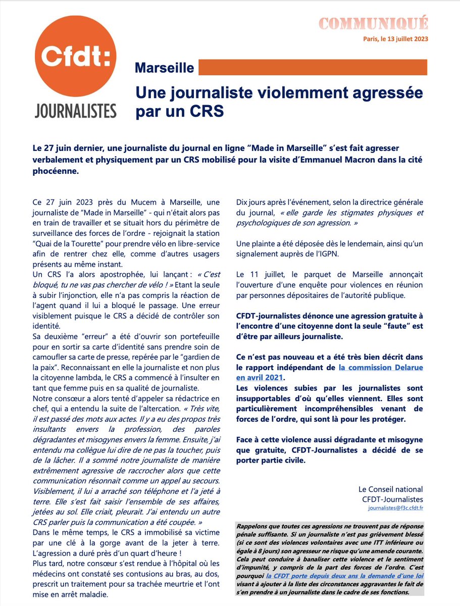 Elle voulait juste récupérer son vélo et rentrer chez elle. Elle s'est fait contrôler par un CRS. Il a vu sa carte de presse. L'a insultée, brutalisée. Soutien à notre consoeur #journaliste à <a href="/MadeMarseille/">Made in Marseille</a>. Nous serons partie civile. <a href="/clubpressmars/">ClubPresseMarseille</a> #SNMO cfdt-journalistes.fr/2023/07/13/mar…