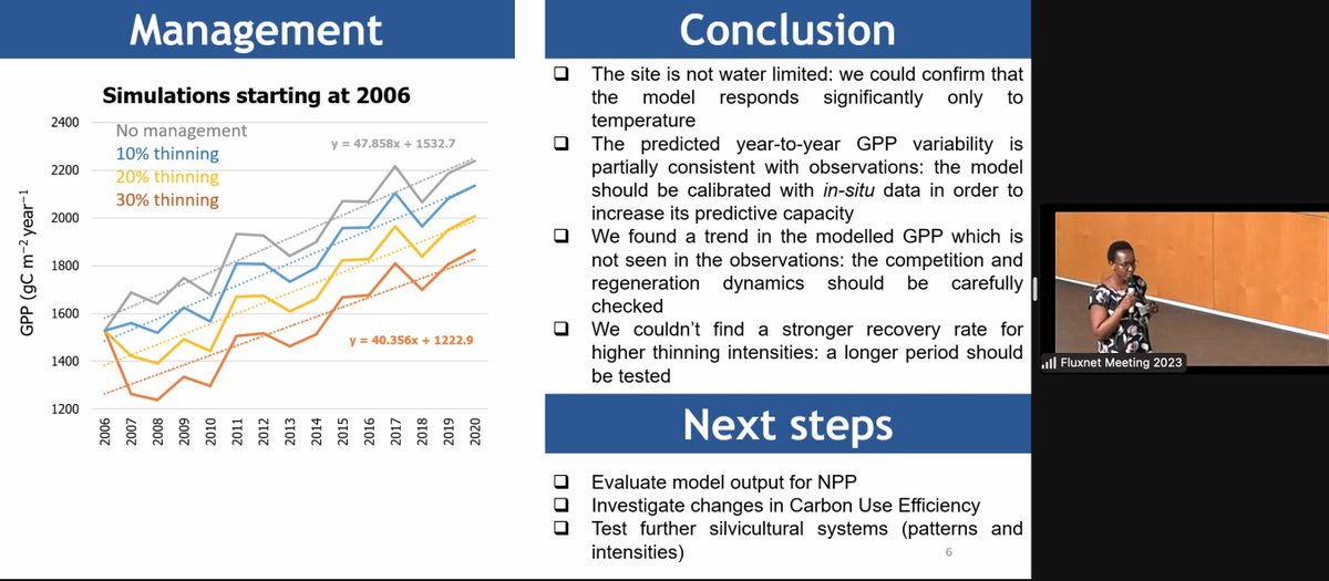 ICOS_RI's tweet photo. Sherry Kyamagero at #FLUXNET2023: ICOS data was used to assess climate-smart forestry in a modelling study from a sub-alpine forest. The goal was to evaluate models, assess how management impacts carbon dynamics, and support developing climate-smart forestry strategies. https://t.co/p6IfxOqTKj