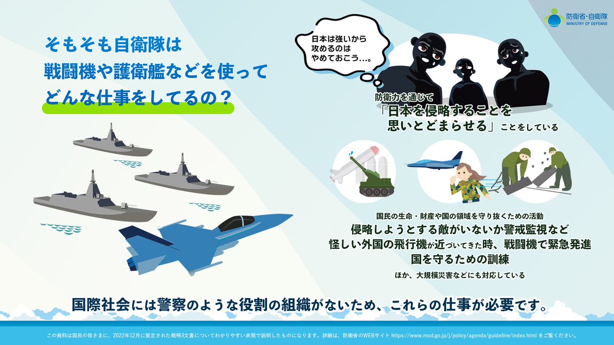 ModJapan_jp's tweet photo. ／
#防衛費 43.5兆円をイラスト交えて解説します！
＼
2027年度までに必要な防衛費が「なぜ」「何に」「どれだけ」必要なのか、紙１枚に印刷できるボリューム（画像８枚）で分かりやすく解説します。
前半では、自衛隊の役割や、自衛隊が抱える課題、国外の状況について解説します（続く） https://t.co/qIlWdzIz32