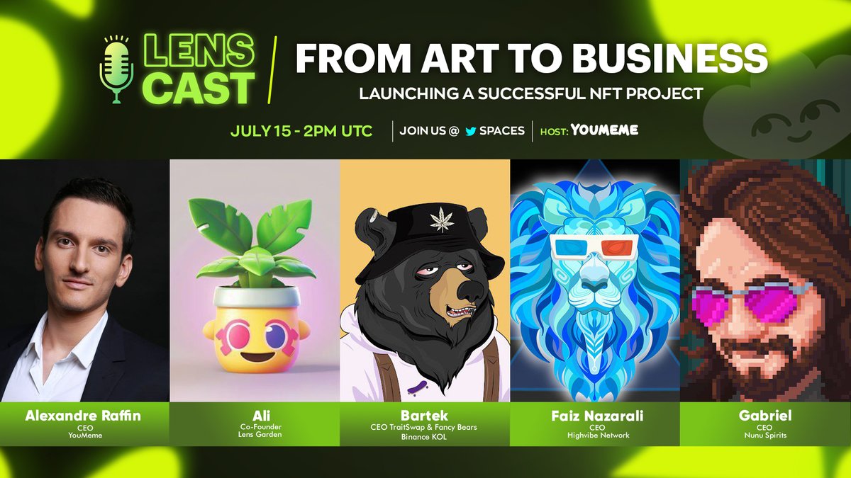 🌿 Our ninth #LENSCAST is here!

❓ From art to business: launching a successful #NFT project, hosted by YouMeme CEO <a href="/AlexandreRaffin/">Alexandre Raffin</a>
 
🗓 July 15 - 14:00 UTC

🔔 Set a reminder: x.com/i/spaces/1Mnxn…

See you on Saturday frens 💜