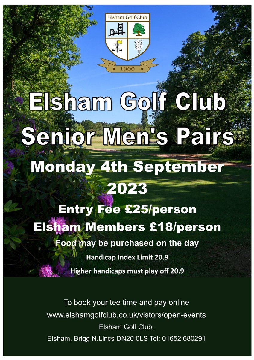 Looking forward to hosting the Senior Men's Pairs <a href="/ElshamGolfClub/">Elsham Golf Club</a> in September. Still some times available #Golf #GolfLife #lincolnshire