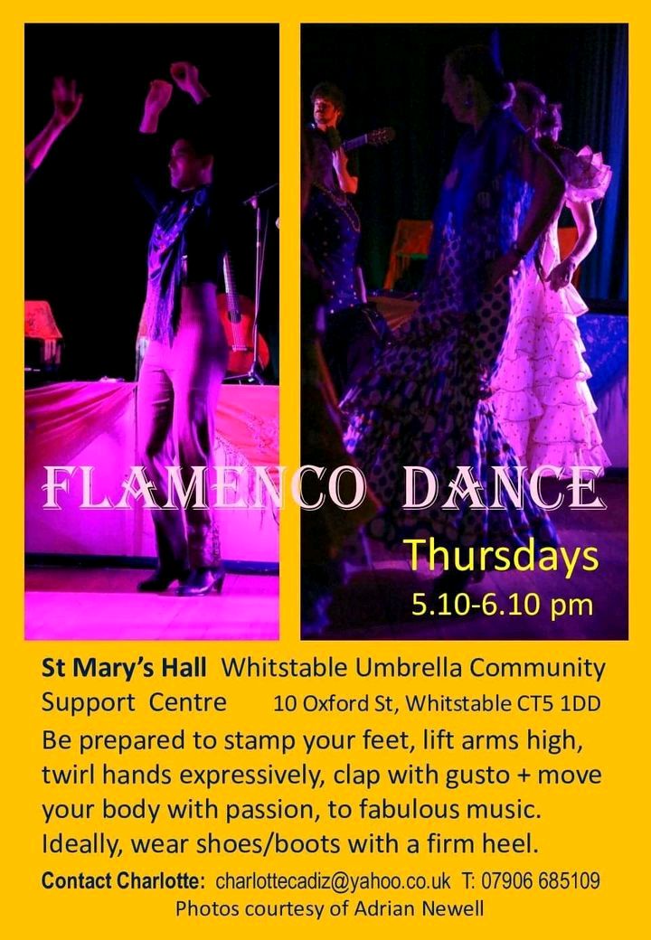 Flamenco Dancing at the Umbrella Centre tonight 5:10 - 6:10pm

Contact Charlotte to join an evening of movement and music!💃💃💃

#WhitstableTogether #whitstable #WhitstableUmbrellaCentre #dancing