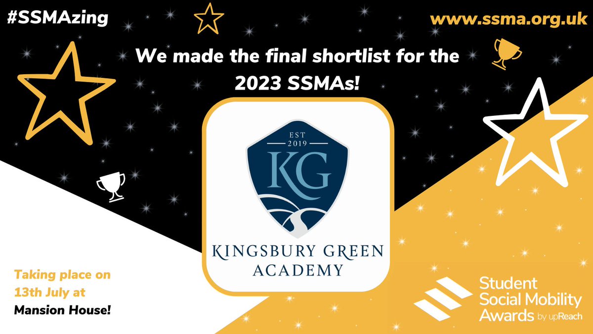 Tonight is the Student Social Mobility Awards by the charity, <a href="/UpReach/">UpReach</a>. Delighted to be attending with our Assistant Head as <a href="/kingsbury_green/">Kingsbury Green Academy</a> has been shortlisted for the School of the Year award! Please wish us luck! Challenge – Aspire – Network 
#altcareers #upreach #ssmazing