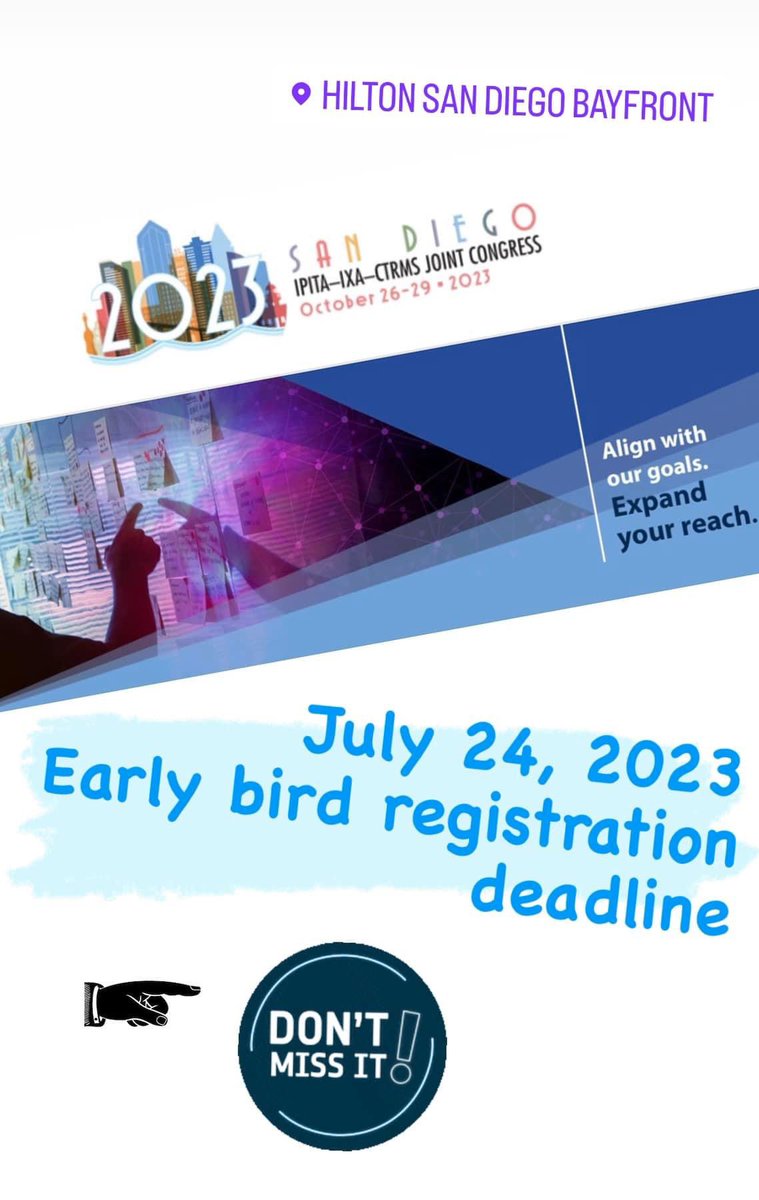 IPITA_YIC's tweet photo. Deadline for early bird registration to the IPITA-IXA-CTRMS Joint Congress • San Diego is getting closer!!!!

For full details please check: https://t.co/al9cJy5dRW https://t.co/Js9F2FU7cs