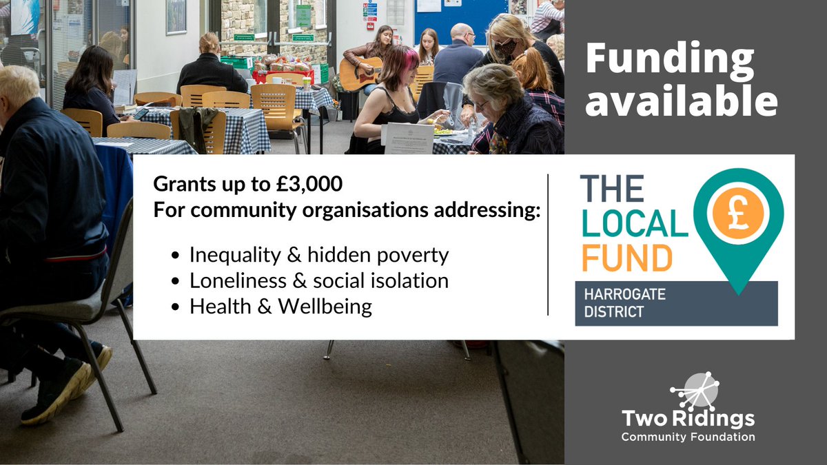 TwoRidingsCF's tweet photo. THE LOCAL FUND for #Harrogate District is open

Does your project address:
📌inequality &amp; hidden poverty
📌loneliness &amp; isolation
📌 health &amp; wellbeing

Apply for up to £3,000 #funding. Deadline: Thu 10th Aug 2023

@TLFHarrogateDis @HADCAcharity 

https://t.co/Vpd0OvNdLn https://t.co/1iUzTGE9cW
