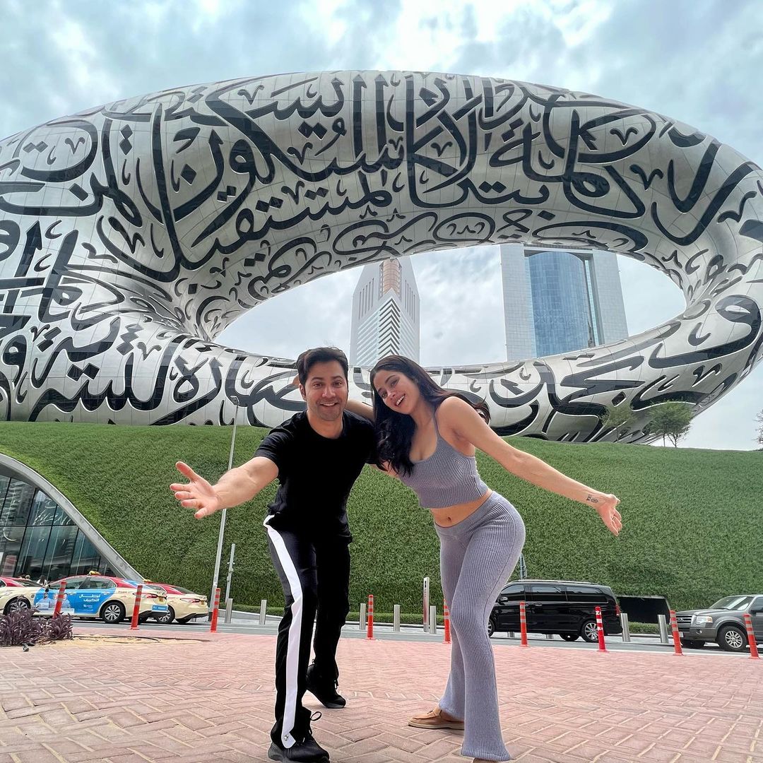 The amazing #JahnviKapoor and <a href="/Varun_dwn/">Varun Dhawan</a> were spotted in Dubai, promoting their latest film, Bawaal. 
We wish them the very best! 😍 
#VisitDubai