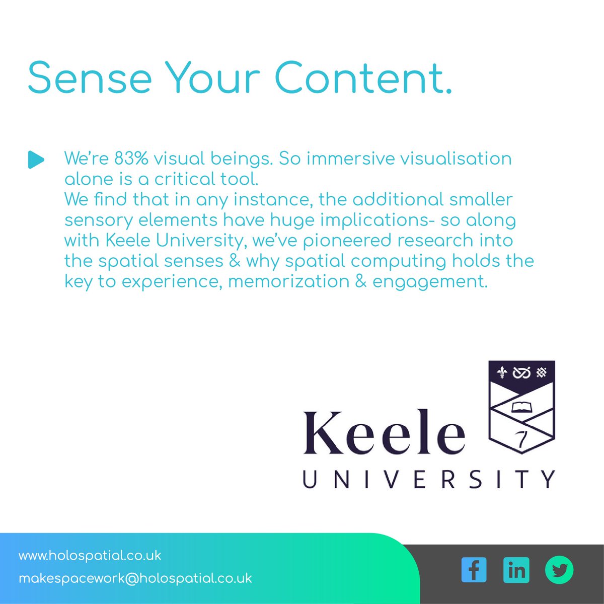 holospatial's tweet image. we’re 83% visual beings. So immersive visualisation alone is a critical tool. We find that in any instance, the additional smaller sensory elements have huge implications. #vr #ar #VirtualReality