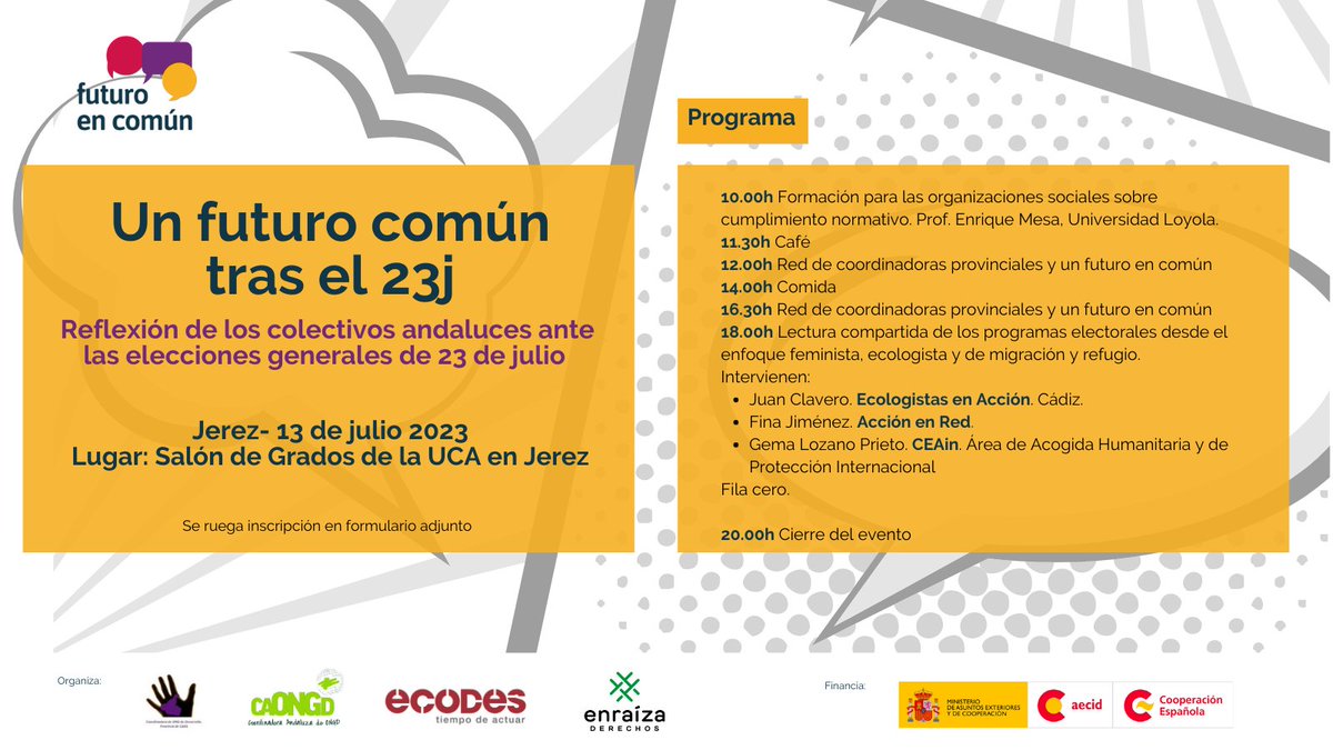 CAONGD's tweet image. ▶️La charla se da en el marco de la jornada &quot;Un futuro en común tras el 23J&quot;, una reflexión colectiva de las organizaciones andaluzas de cara a las elecciones generales del 23 de julio.
