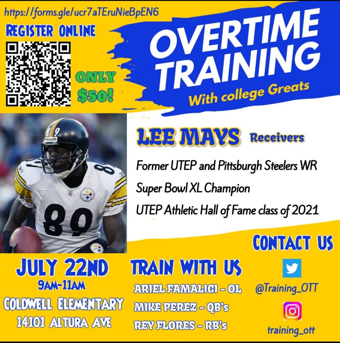 Training_OTT's tweet image. 🚨 EL PASO ATHLETES🚨

LAST CHANCE OF THE SUMMER

Train with former Pittsburgh Steeler
Super Bowl Champion 🏆
UTEP Athletic Hall of Fame WR

LEE MAYS👏👏

Register online👇
forms.gle/ngWMKFv6S3iMdm…
Training for all positions
QBs: Mike Perez
RBs: Rey Flores
OL: Ariel Famaligi