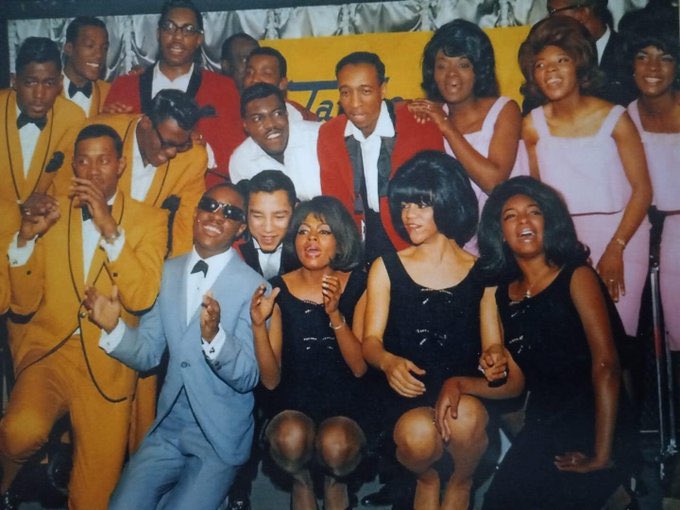 The Tempations (gold jackets), The Miracles (red jackets), Stevie Wonder (blue jacket), Smokey Robinson (black Jacket), Martha and the Vandellas (lavender dresses), and The Supremes (black dresses) - 1965