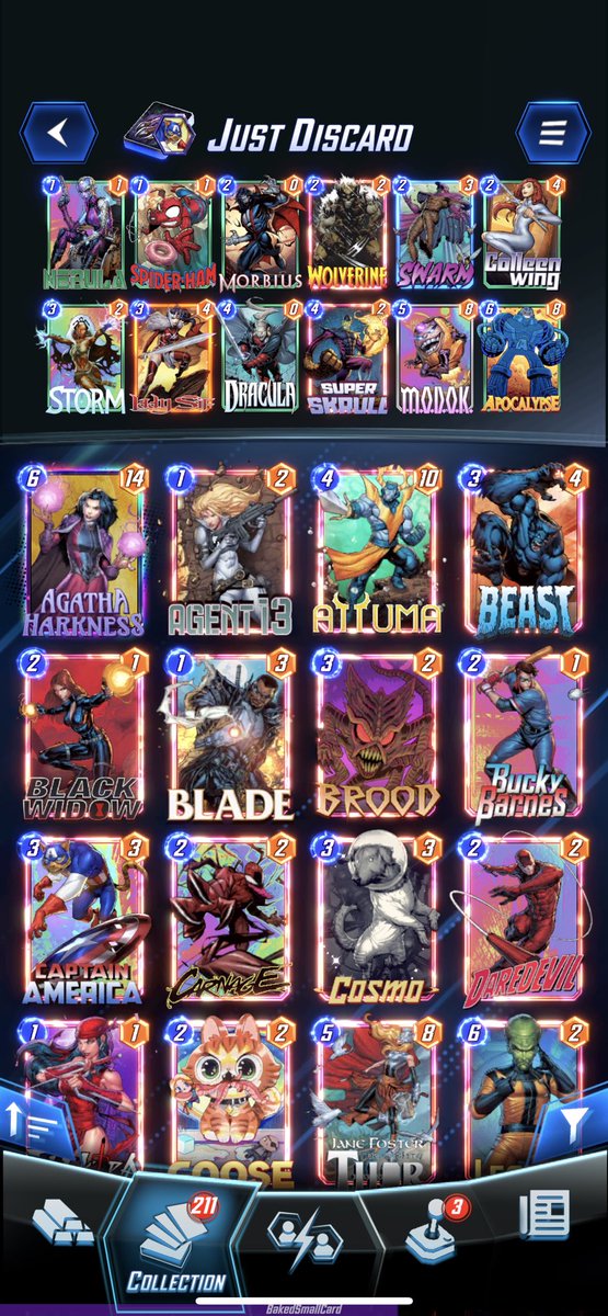 SmoothFoxes's tweet photo. Early season infinite in #marvelsnap again. The death of discard to spiderham is wildly incorrect. Ronan from 73-95 again, then discard from 95-100 https://t.co/veZLV7U9Cb