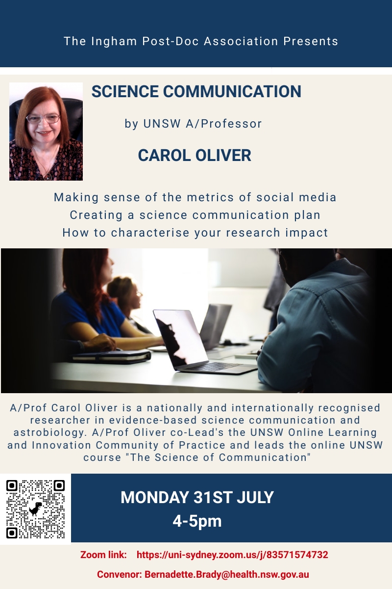 Ingham Institute Postdoc Association (@inghampostdoc) on Twitter photo Join us for a session on science communication by A/Prof <a href="/CarolOliver/">Carol Ann Oliver</a>
<a href="/InghamInstitute/">Ingham Institute for Applied Medical Research</a> <a href="/swsydUNSW/">UNSW South West Sydney Clinical Campuses</a> <a href="/UNSWMedicine/">UNSW Medicine & Health</a> <a href="/UNSW/">UNSW</a> Join us for a session on science communication by A/Prof <a href="/CarolOliver/">Carol Ann Oliver</a>
<a href="/InghamInstitute/">Ingham Institute for Applied Medical Research</a> <a href="/swsydUNSW/">UNSW South West Sydney Clinical Campuses</a> <a href="/UNSWMedicine/">UNSW Medicine & Health</a> <a href="/UNSW/">UNSW</a>