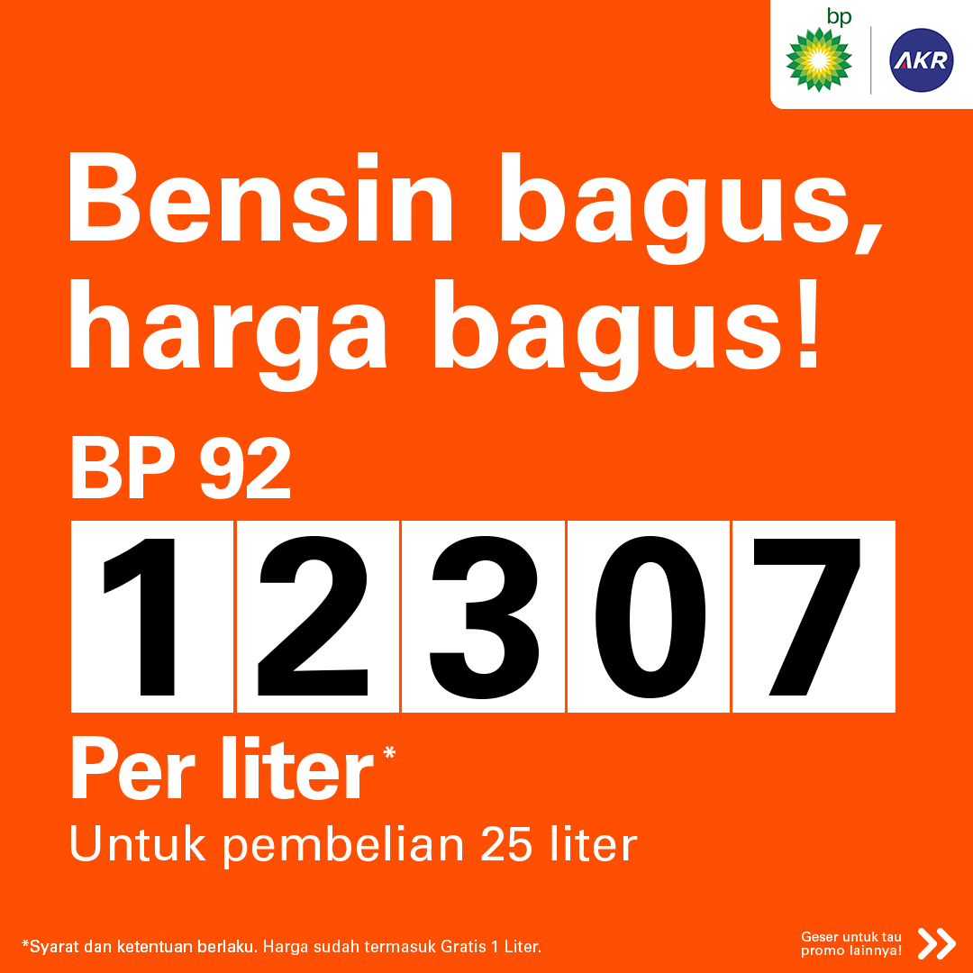bp_Indonesia's tweet photo. Bensin bagus, harga bagus menjelang weekend ✅

#Cumadibp setiap pembelian 25 liter BP 92 bisa dapat harga spesial!

Yuk jadikan weekend Anda lebih menyenangkan dengan bensin dan promo bagus dari SPBU bp!

#Promobp #TemanPerjalanan https://t.co/hyyNZG2R81