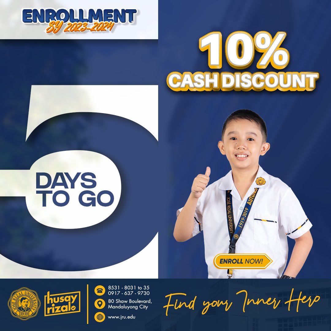 JRU1919's tweet image. A "prompt payment discount" of 10% of the tuition fee is given to students if full payment of all tuition and miscellaneous fees is made before the opening of classes. However, if payment is made through a credit card, the discount is reduced to 7.5%.
#CashDiscount
