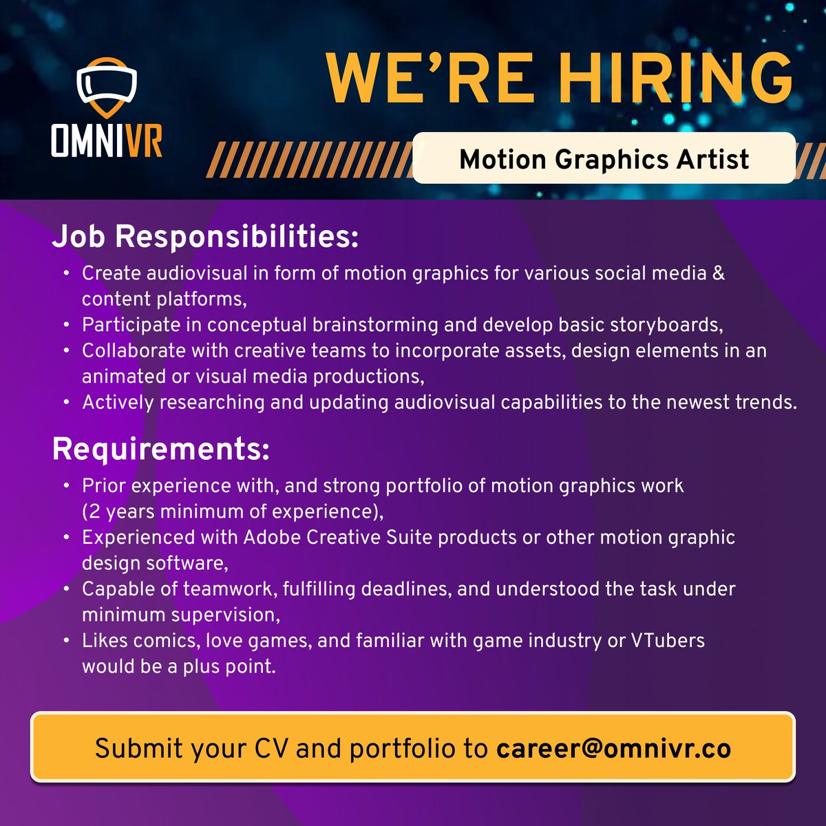 NCLYS's tweet photo. Siang-siang gini enaknya buka lowongan. @OmniVR sedang mencari para kandidat untuk mengisi lowongan-lowongan berikut. 

Silakan apply jika kalian tertarik dan mohon bantuannya untuk retweet atau disampaikan ke pihak yang membutuhkan. Terima kasih! https://t.co/5d21R9Jbxz