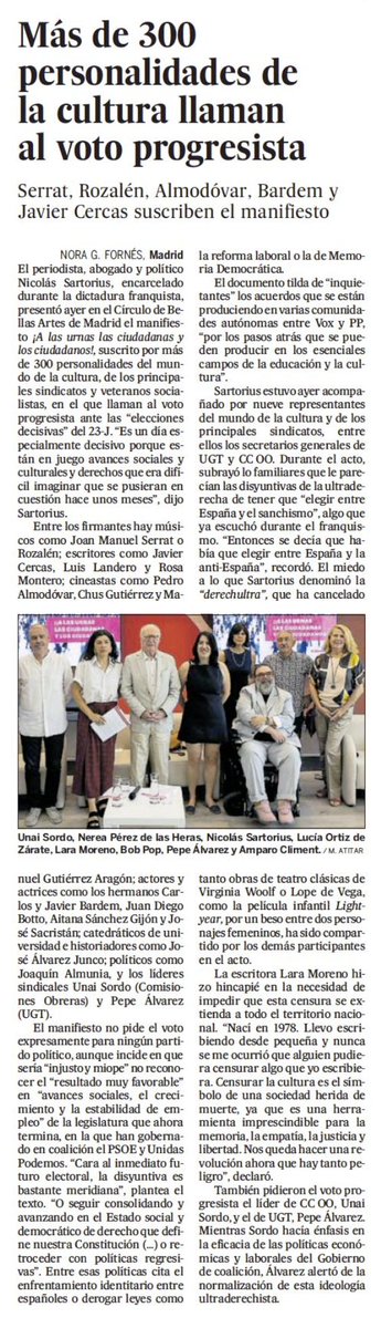 #ALasUrnas 🗞 @el_Pais 
Más de 300 personalidades de la cultura y los líderes de <a href="/CCOO/">COMISIONES OBRERAS</a> (<a href="/UnaiSordo/">Unai Sordo</a>) y UGT llaman al voto progresista en unas “elecciones decisivas”

👉🏻 elpais.com/espana/eleccio…
Manifiesto ccoo.es/e8efdc20ac33c8…
🎥 youtube.com/watch?v=34kbKJ…
📸 ccoo.es/cms.php?cd_cms…