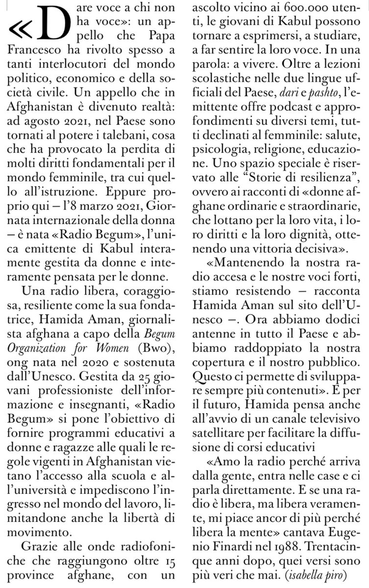 francofontana43's tweet photo. “Dare voce a chi non ha voce” (Francesco)
Da Kabul la voce delle donne
La storia di «Radio Begum» unica emittente tutta al femminile in Afghanistan.
Così apre, oggi, l’@oss_romano https://t.co/EgYlDPs5Qc