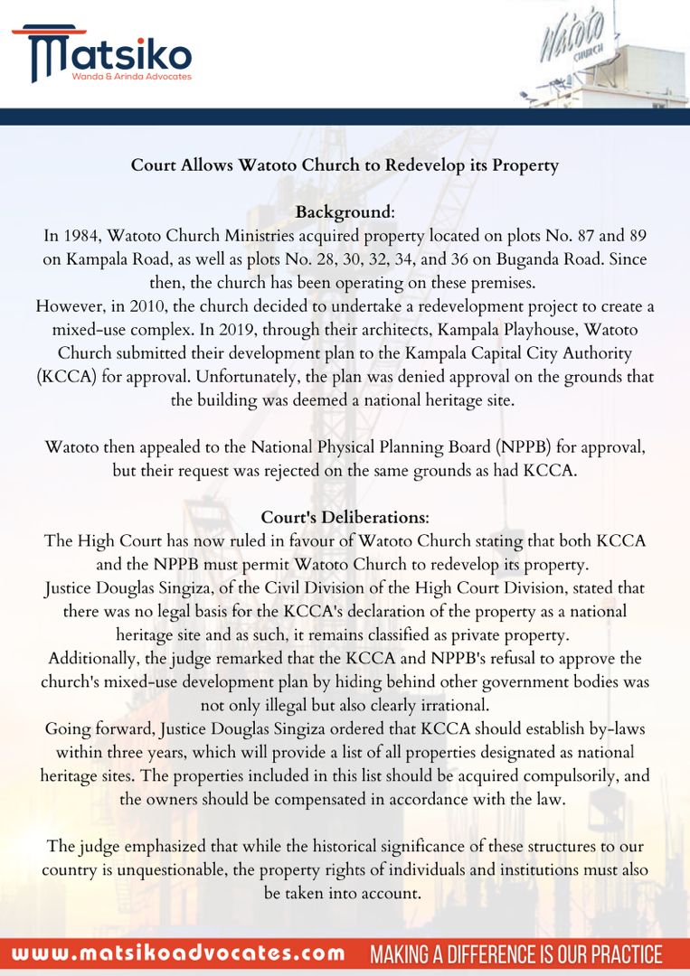 Matsiko_Adv's tweet photo. Court allows Watoto church to redevelop its property #LegalPulseCheck #MWAadvocates https://t.co/ROlj5tgJI0