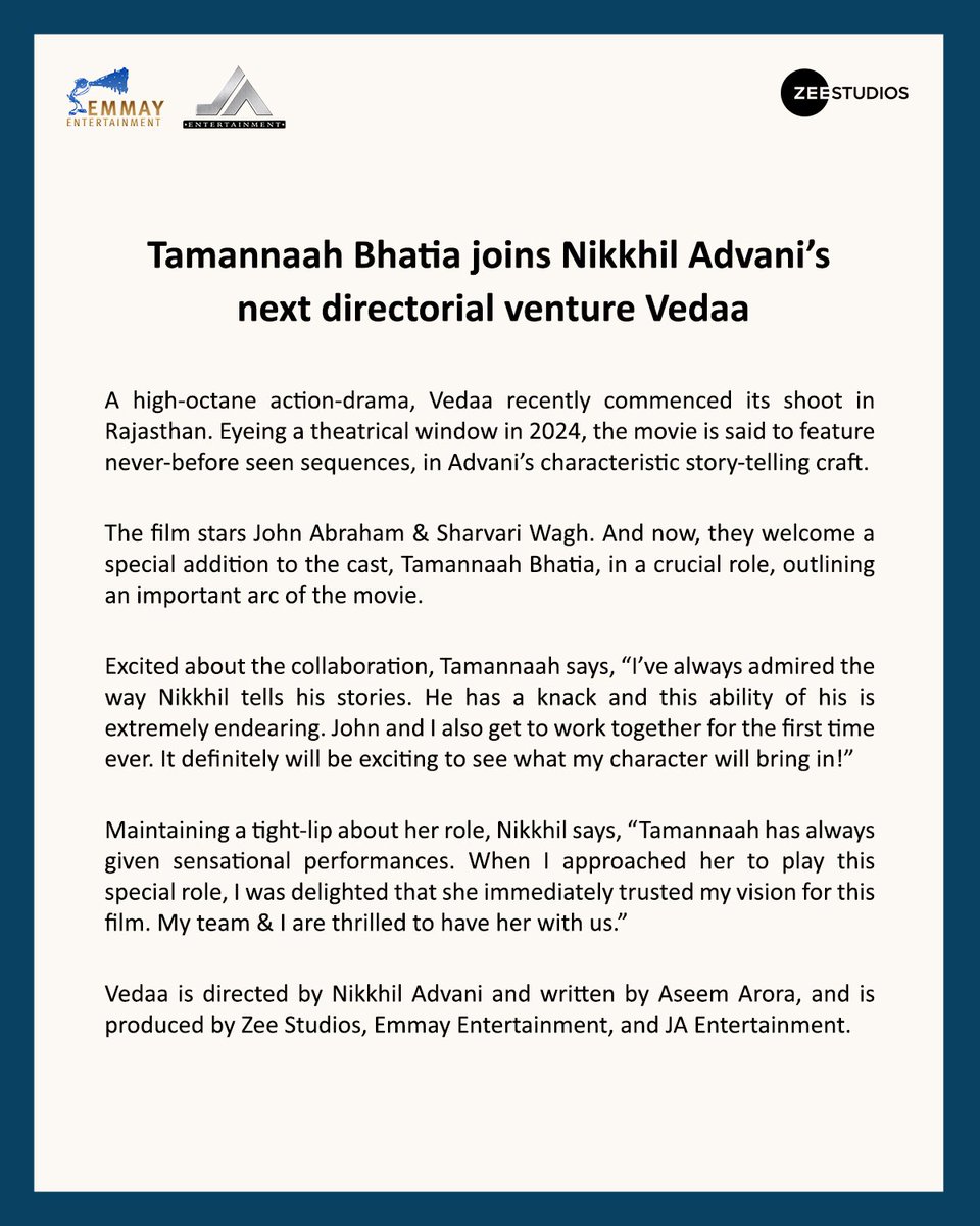 Team #Vedaa is privileged to have the wonderful &amp; effervescent <a href="/tamannaahspeaks/">Tamannaah Bhatia</a> join the cast for a special, pivotal role.
The stakes just got bigger!!🙌🏼💪🏼

<a href="/TheJohnAbraham/">John Abraham</a> #Sharvari <a href="/nowitsabhi/">Abhishek Banerjee</a> <a href="/monishaadvani/">Monisha Advani</a> <a href="/madhubhojwani/">Madhu Bhojwani</a> <a href="/shariqpatel/">Shariq Patel</a> <a href="/minnakshidas/">Minnakshidas</a> <a href="/aseem_arora/">Aseem Arrora</a>